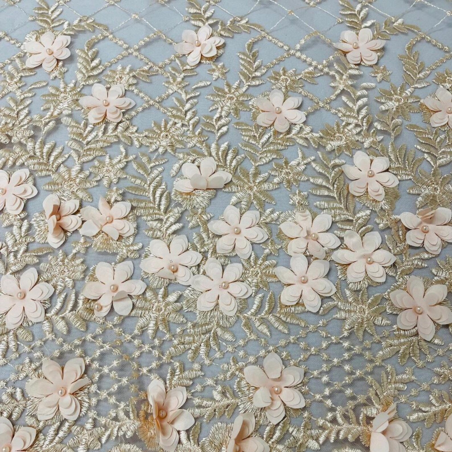 3D Floral Embroidery Lace with Pearls Fabric - PEACH - Sold By The Yard Fabric