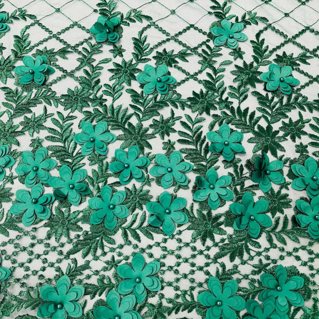 3D Floral Embroidery Lace with Pearls Fabric - HUNTER - Sold By The Yard Fabric