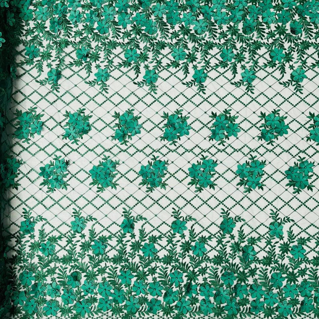 3D Floral Embroidery Lace with Pearls Fabric - HUNTER - Sold By The Yard Fabric