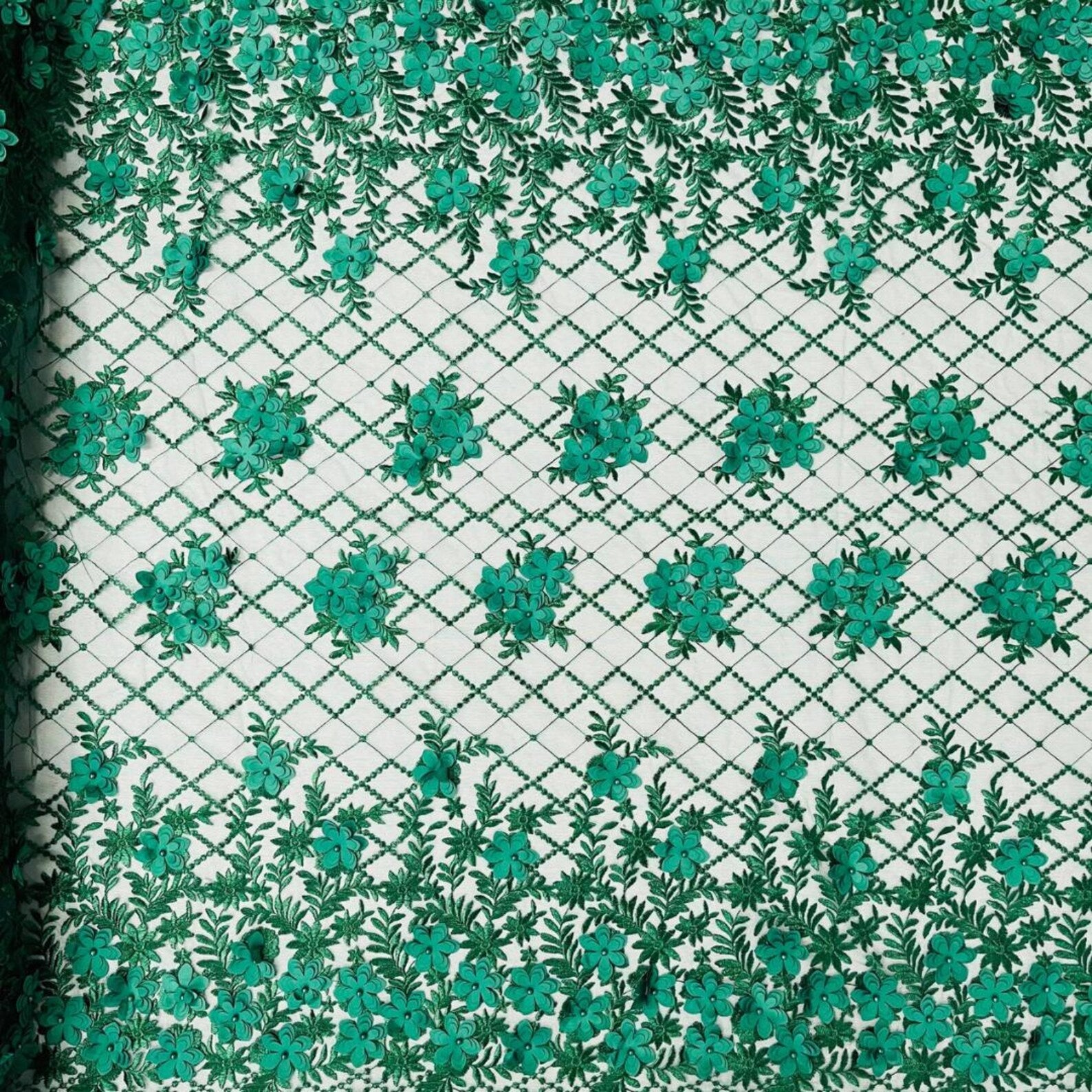 3D Floral Embroidery Lace with Pearls Fabric - HUNTER - Sold By The Yard Fabric
