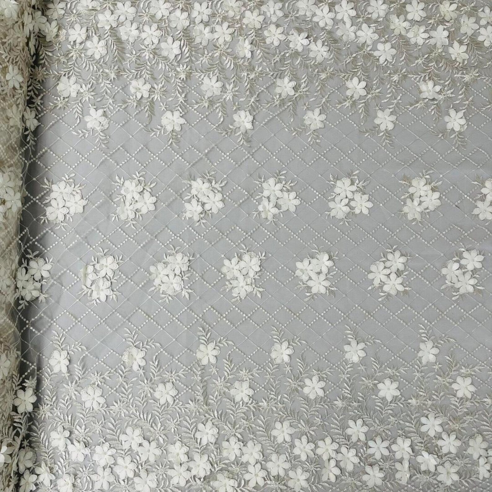 3D Floral Embroidery Lace with Pearls Fabric - IVORY - Sold By The Yard Fabric