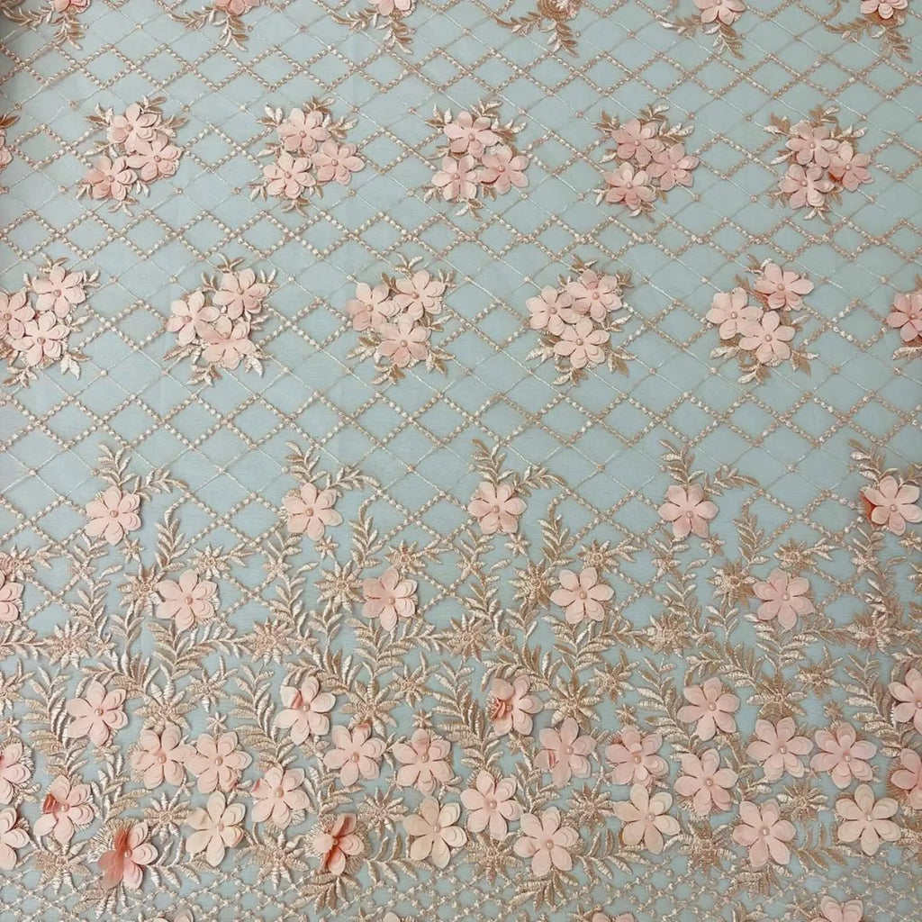 3D Floral Embroidery Lace with Pearls Fabric - BLUSH - Sold By The Yard Fabric