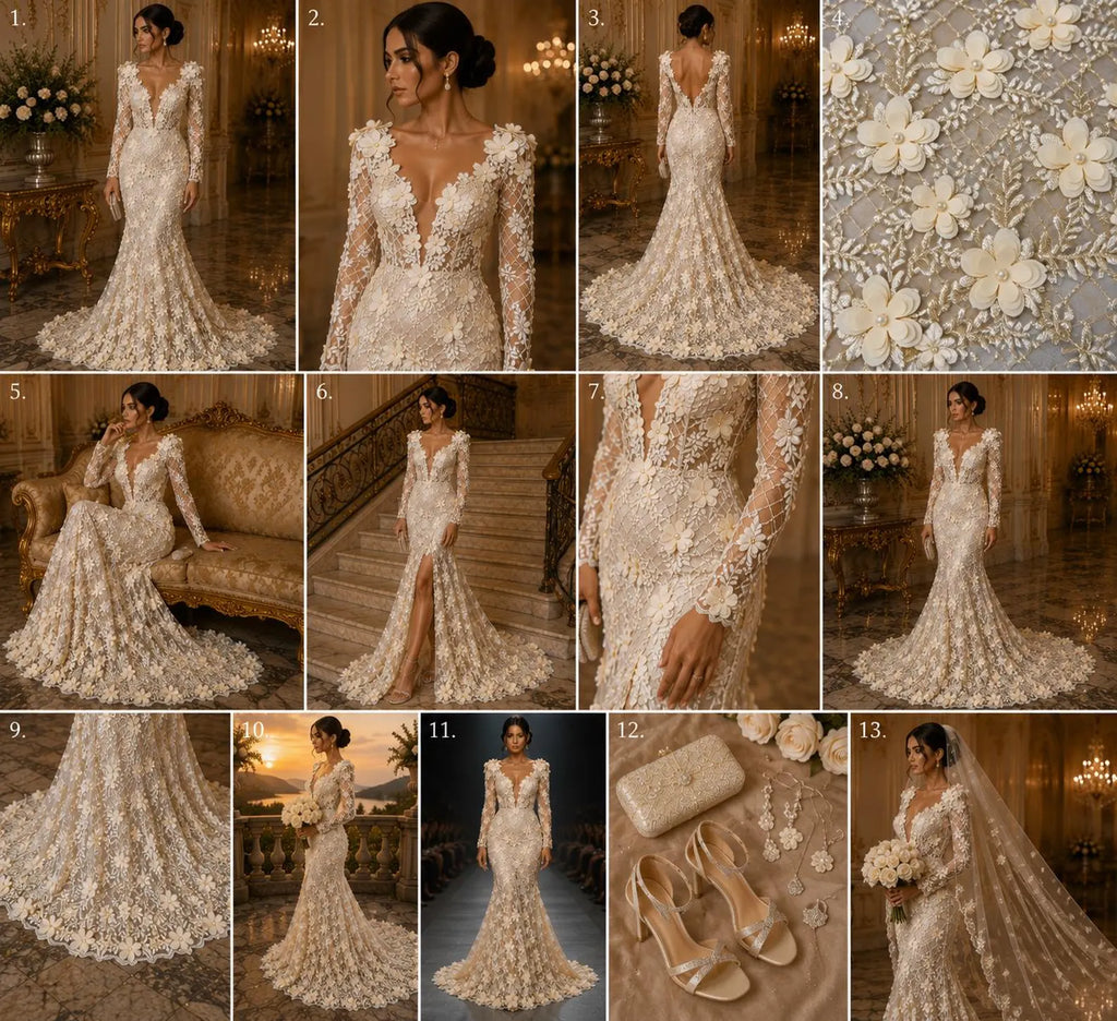 3D Floral Embroidery Lace with Pearls Fabric - CHAMPAGNE - Sold By The Yard Fabric