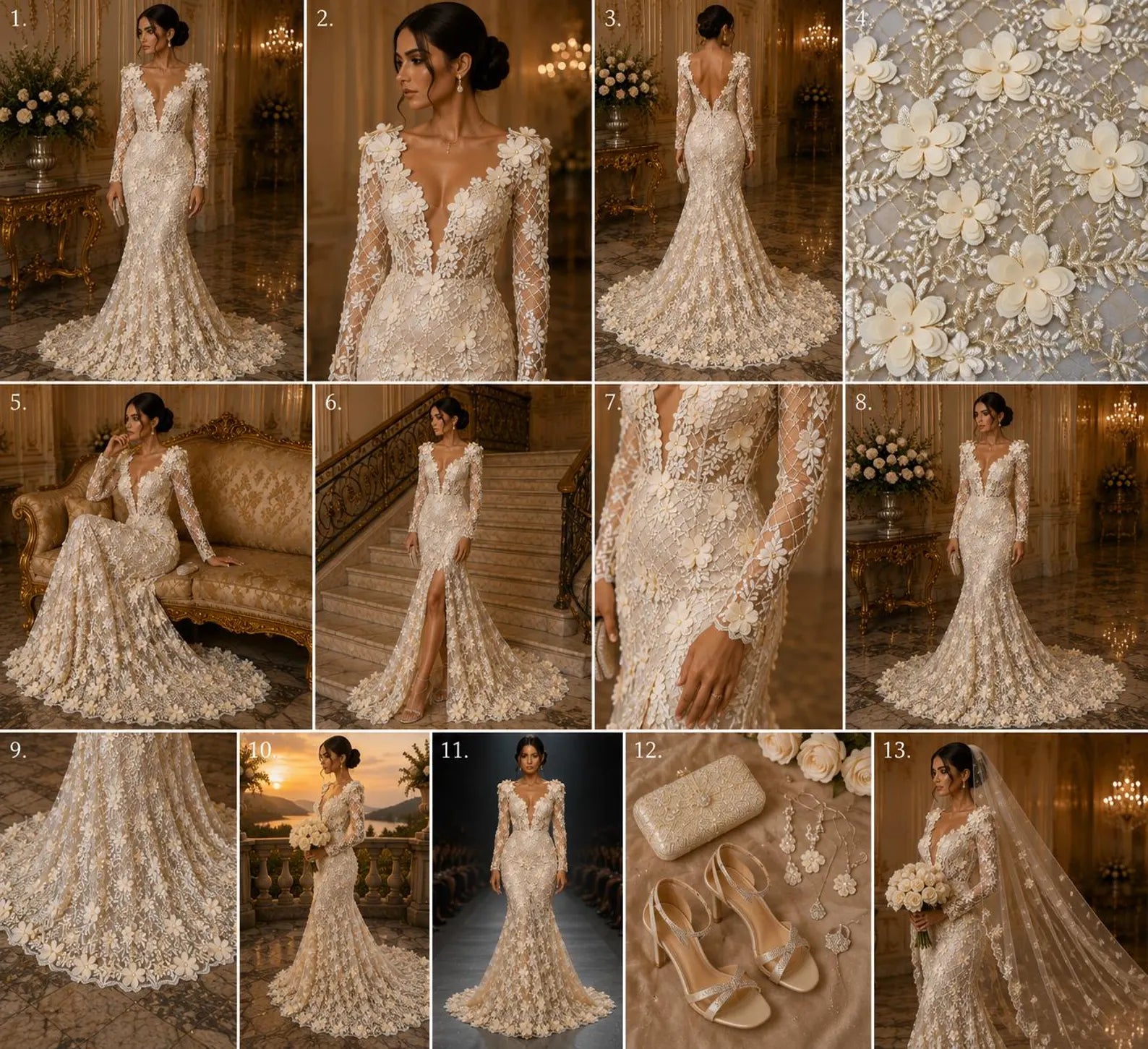 3D Floral Embroidery Lace with Pearls Fabric - CHAMPAGNE - Sold By The Yard Fabric