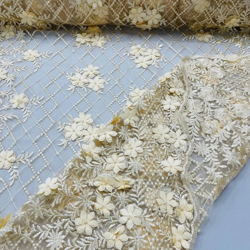 3D Floral Embroidery Lace with Pearls Fabric - CHAMPAGNE - Sold By The Yard Fabric