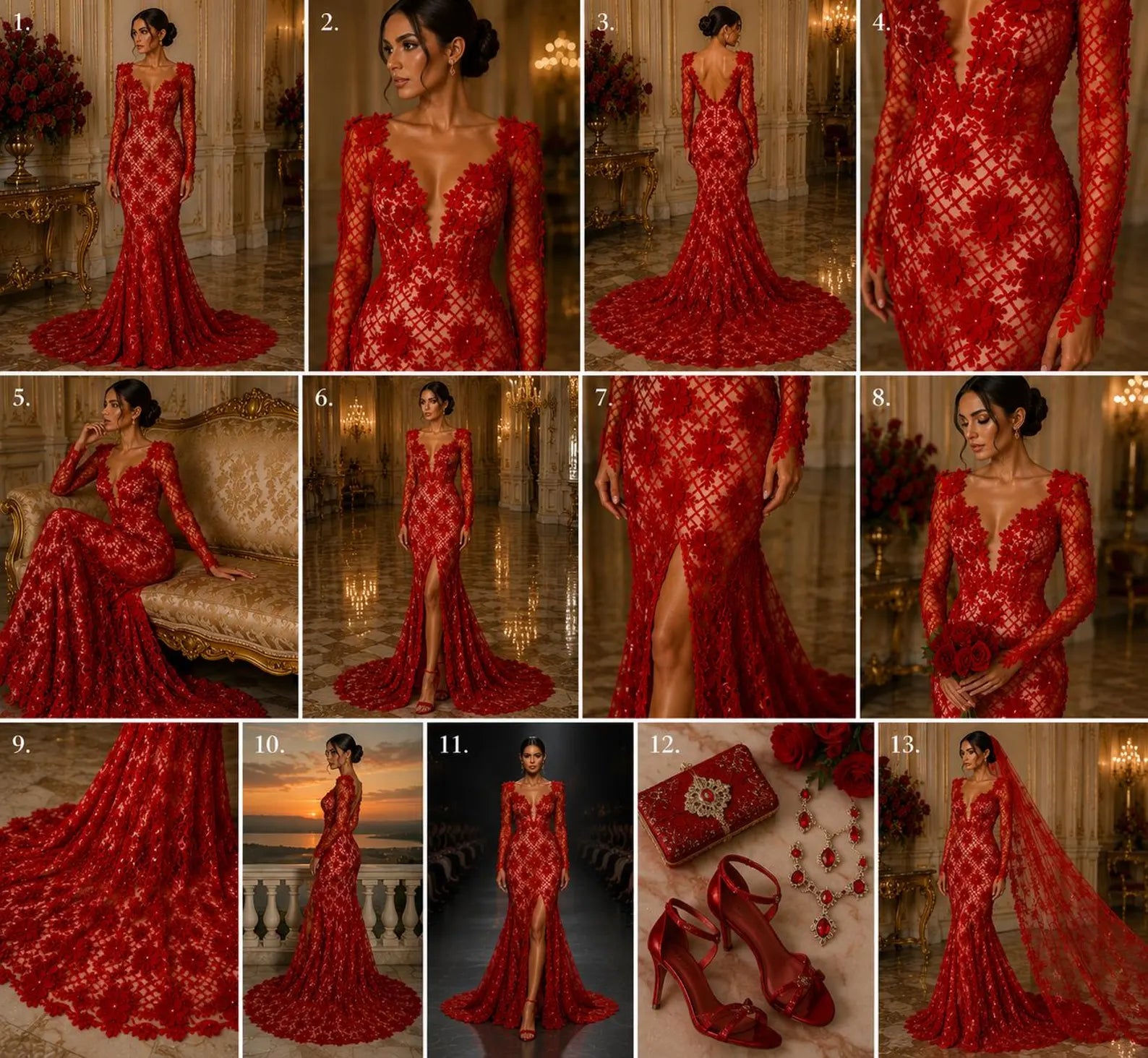 3D Floral Embroidery Lace with Pearls Fabric - RED - Sold By The Yard Fabric