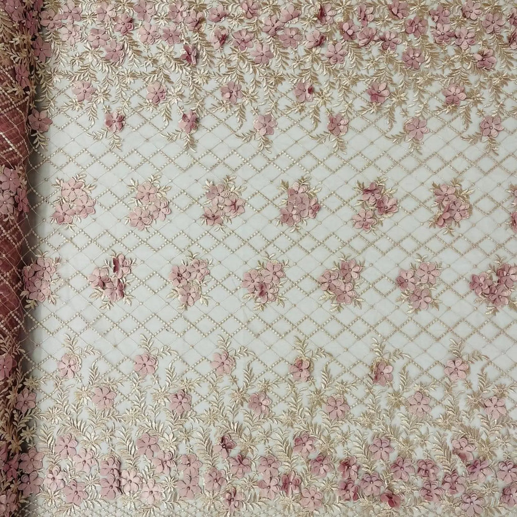 3D Floral Embroidery Lace with Pearls Fabric - DUSTY ROSE - Sold By The Yard Fabric