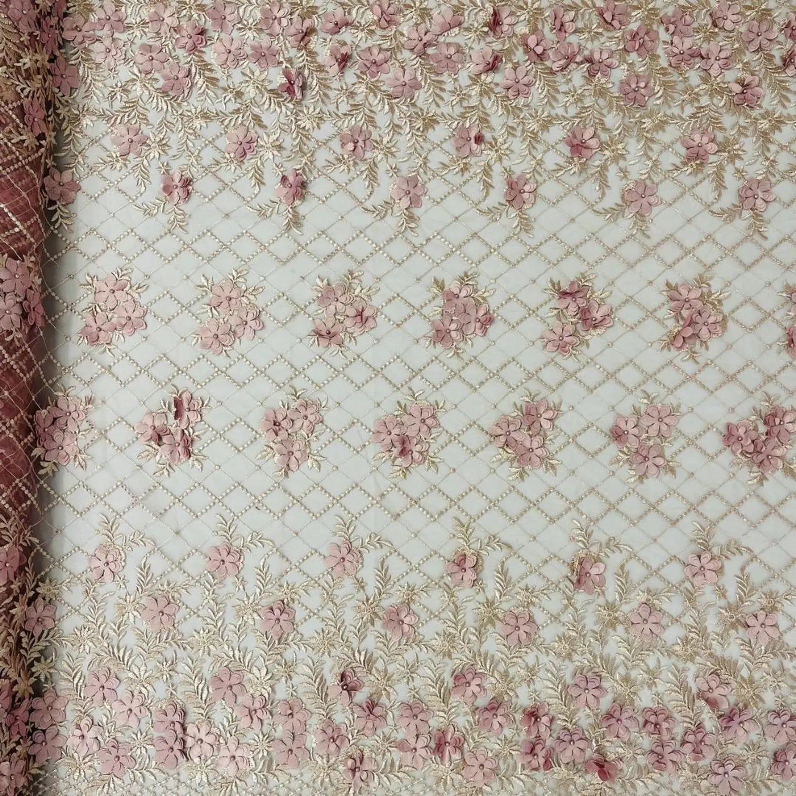 3D Floral Embroidery Lace with Pearls Fabric - DUSTY ROSE - Sold By The Yard Fabric