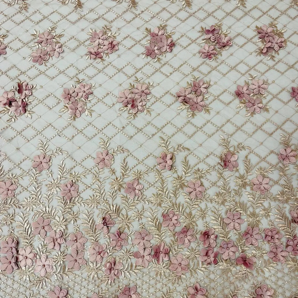 3D Floral Embroidery Lace with Pearls Fabric - DUSTY ROSE - Sold By The Yard Fabric