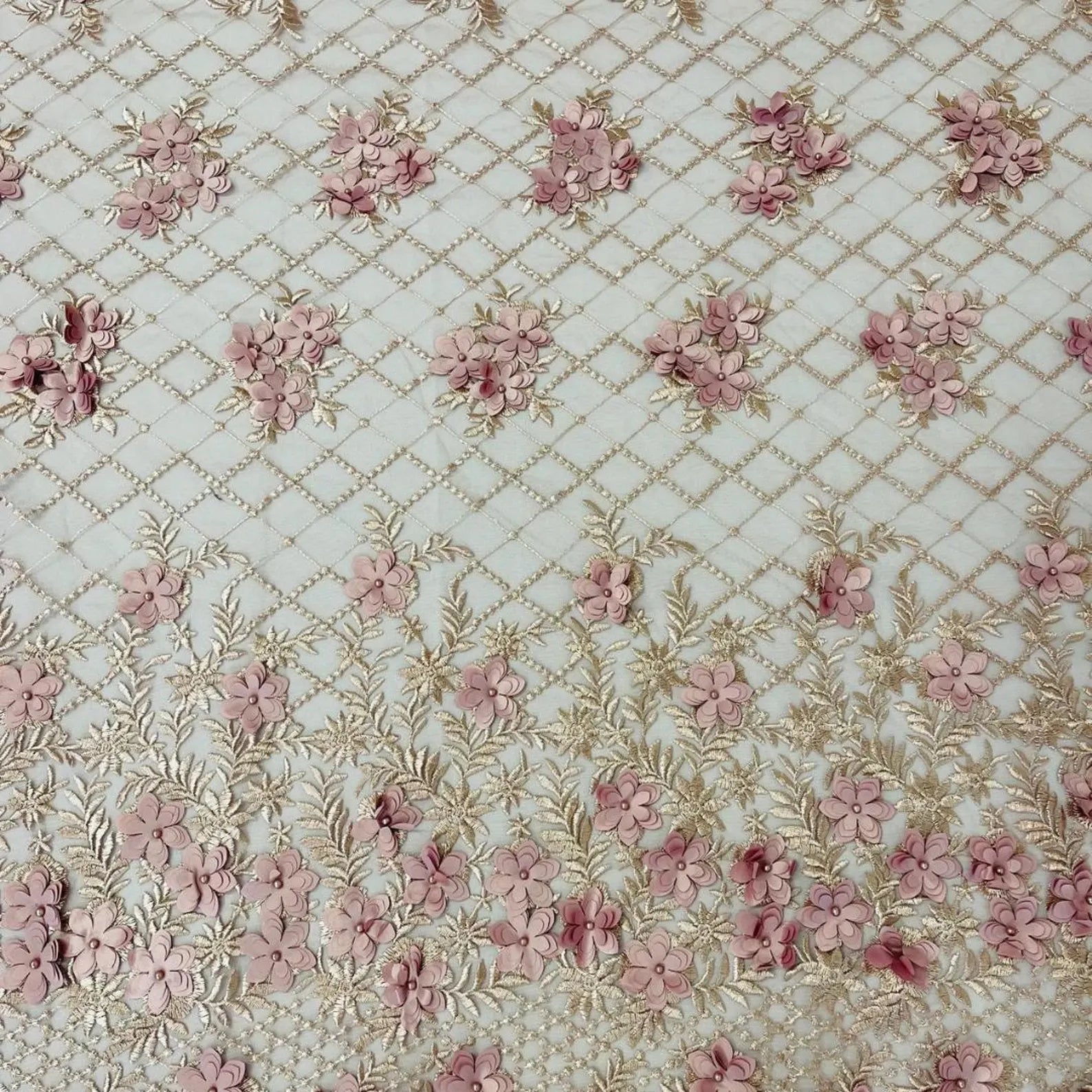 3D Floral Embroidery Lace with Pearls Fabric - DUSTY ROSE - Sold By The Yard Fabric