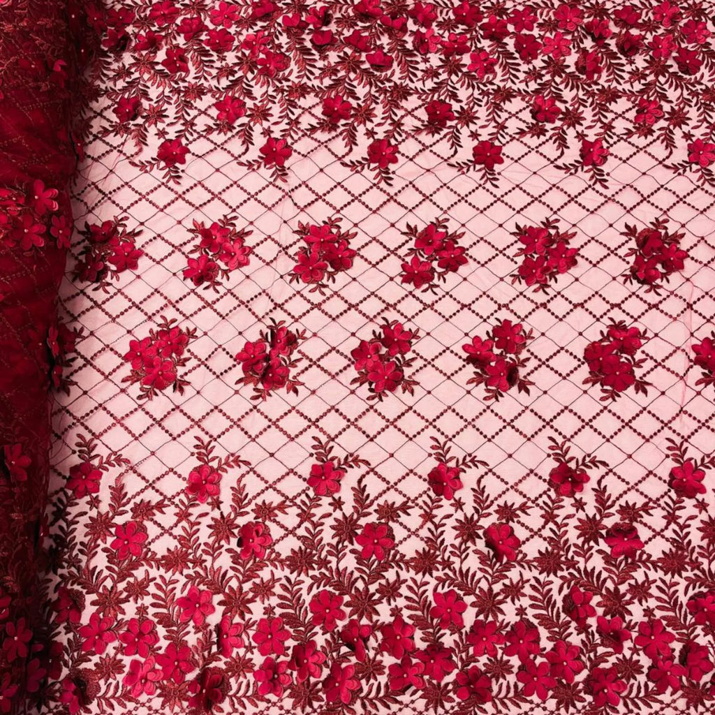 3D Floral Embroidery Lace with Pearls Fabric - BURGUNDY - Sold By The Yard Fabric