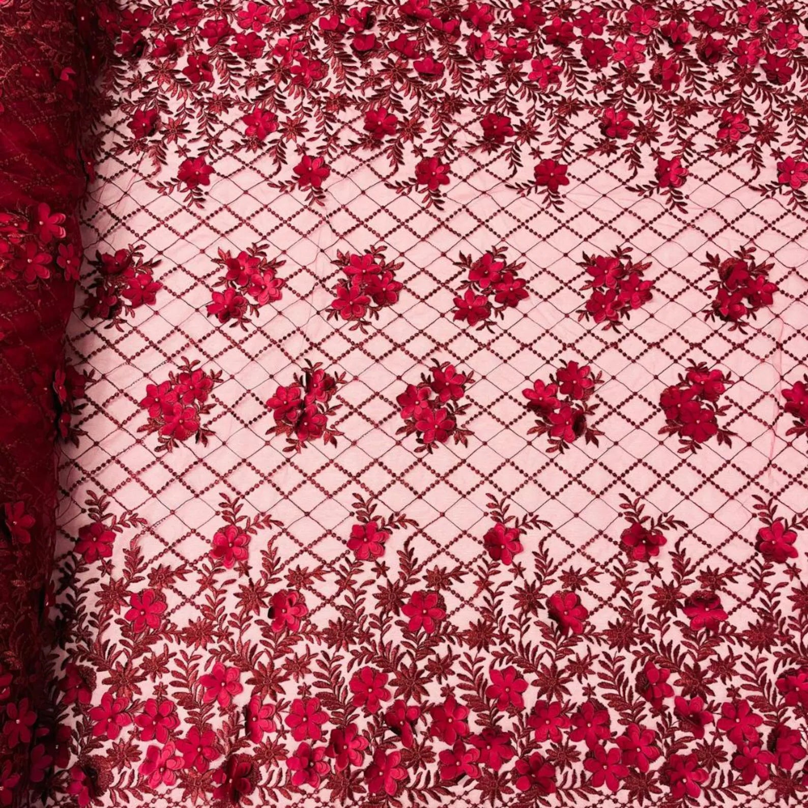 3D Floral Embroidery Lace with Pearls Fabric - BURGUNDY - Sold By The Yard Fabric