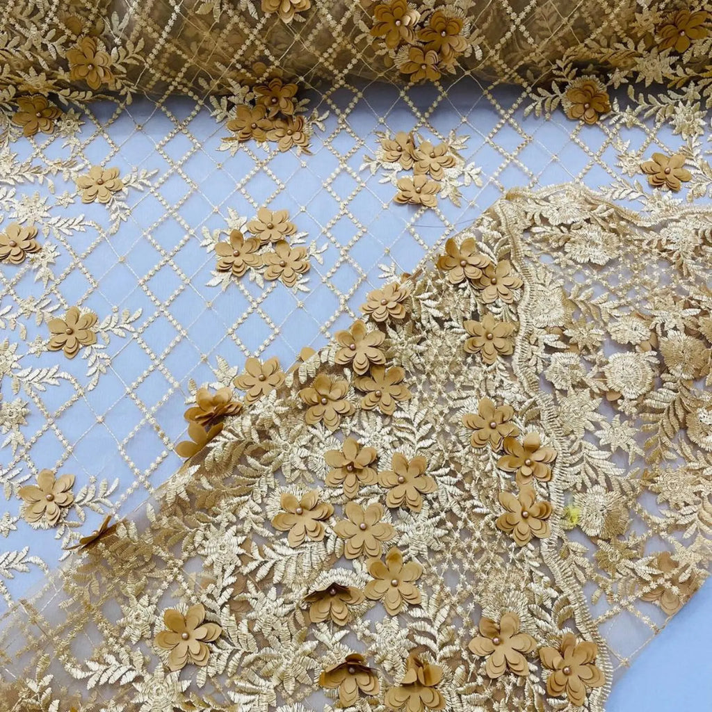 3D Floral Embroidery Lace with Pearls Fabric - GOLD - Sold By The Yard Fabric