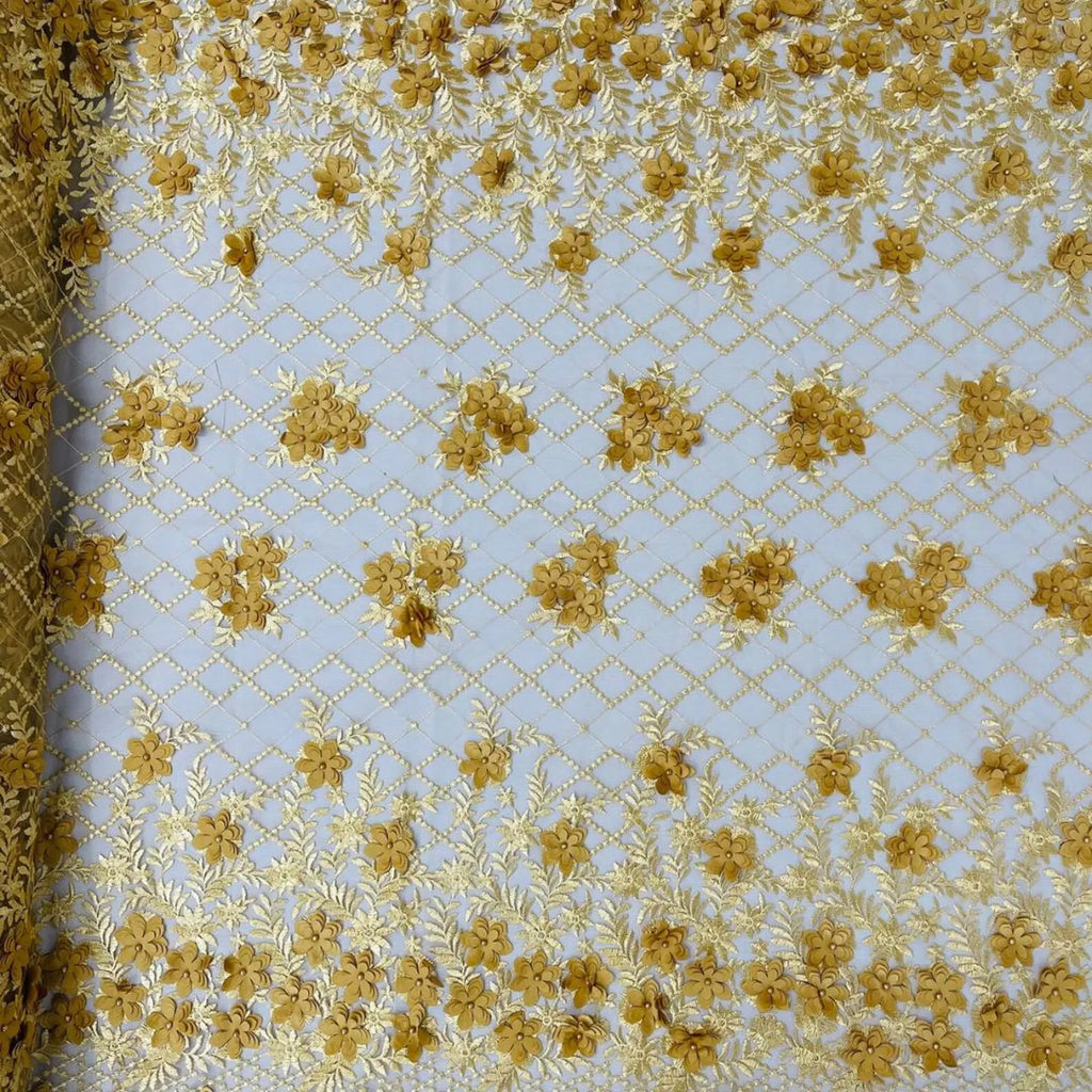 3D Floral Embroidery Lace with Pearls Fabric - GOLD - Sold By The Yard Fabric