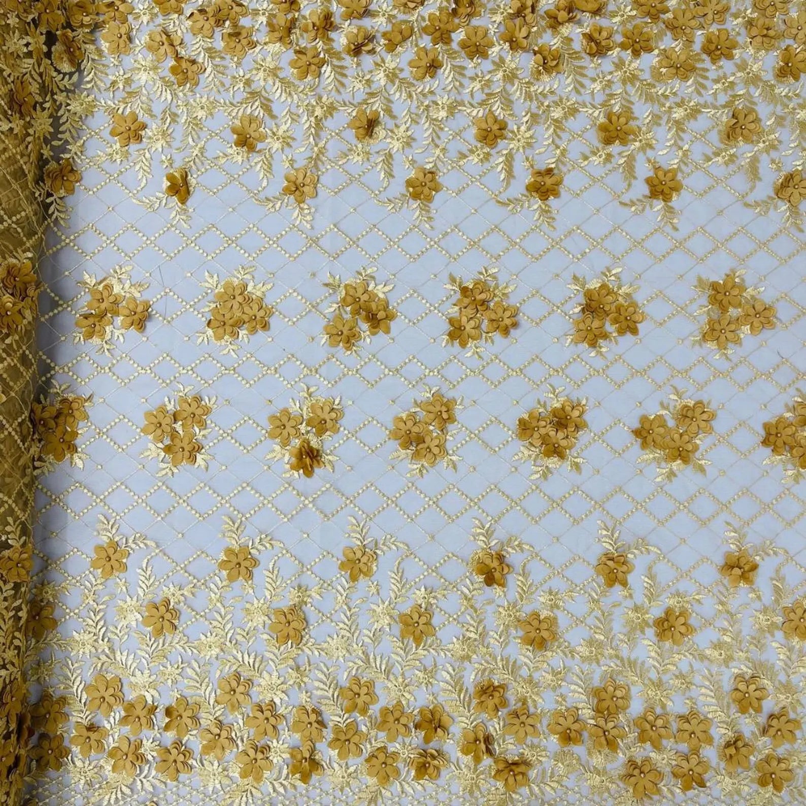 3D Floral Embroidery Lace with Pearls Fabric - GOLD - Sold By The Yard Fabric