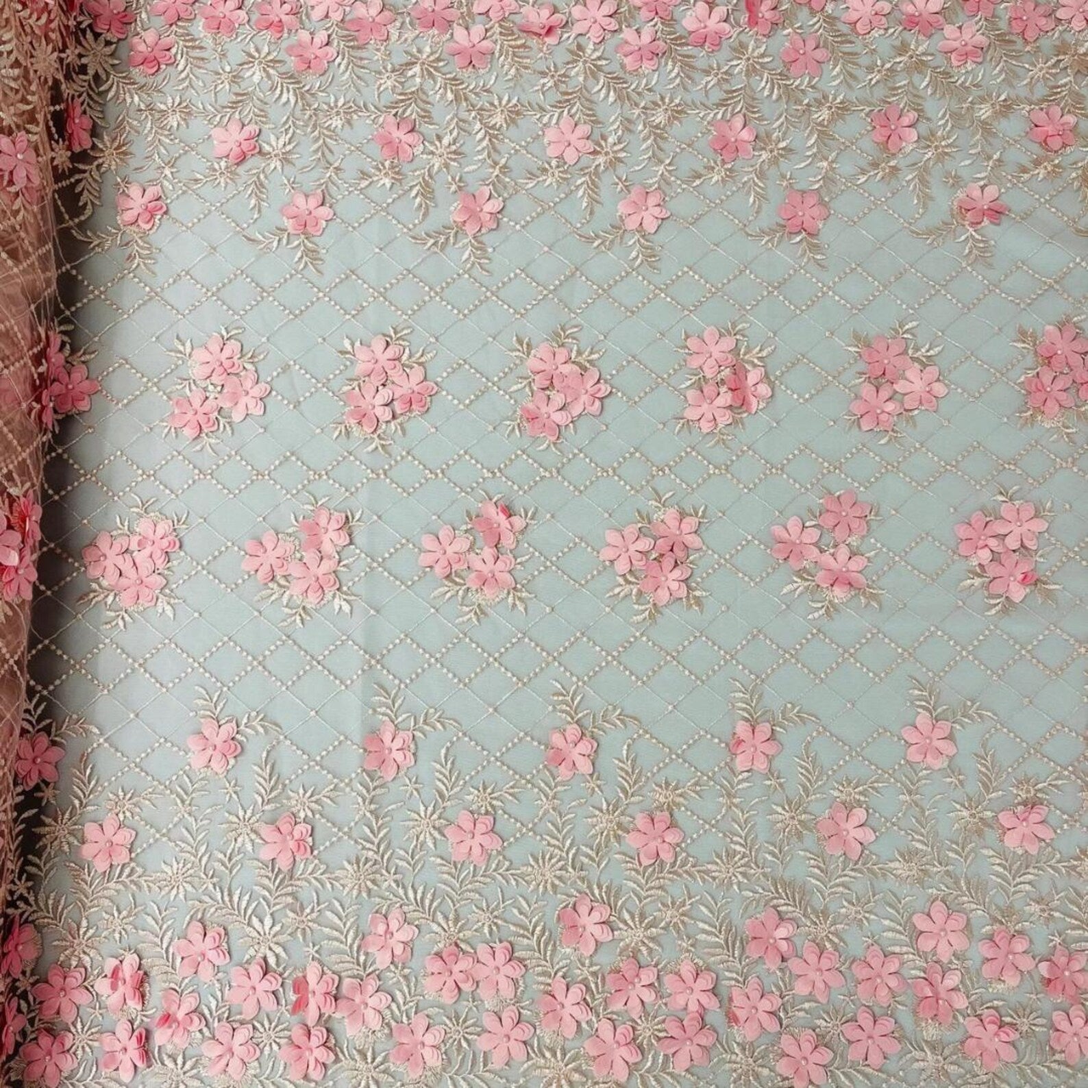 3D Floral Embroidery Lace with Pearls Fabric - PINK - Sold By The Yard Fabric