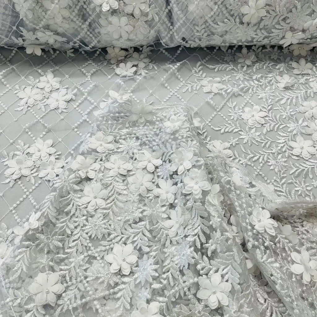 3D Floral Embroidery Lace with Pearls Fabric - WHITE - Sold By The Yard Fabric