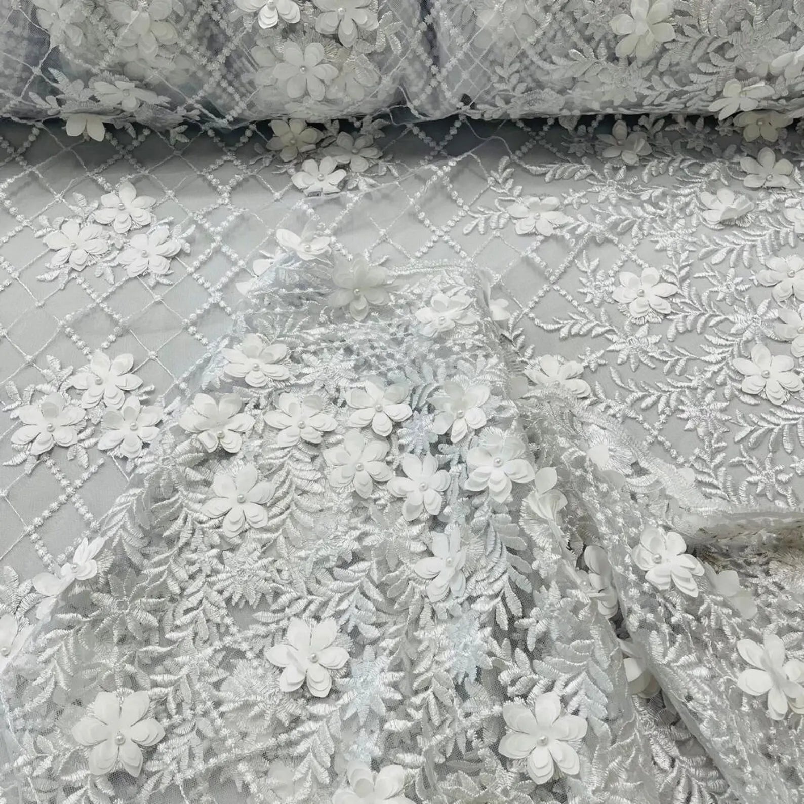 3D Floral Embroidery Lace with Pearls Fabric - WHITE - Sold By The Yard Fabric