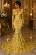 3D Floral Embroidery Lace with Pearls Fabric - YELLOW - Sold By The Yard Fabric