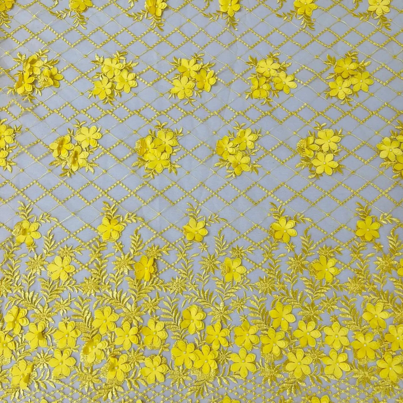 3D Floral Embroidery Lace with Pearls Fabric - YELLOW - Sold By The Yard Fabric