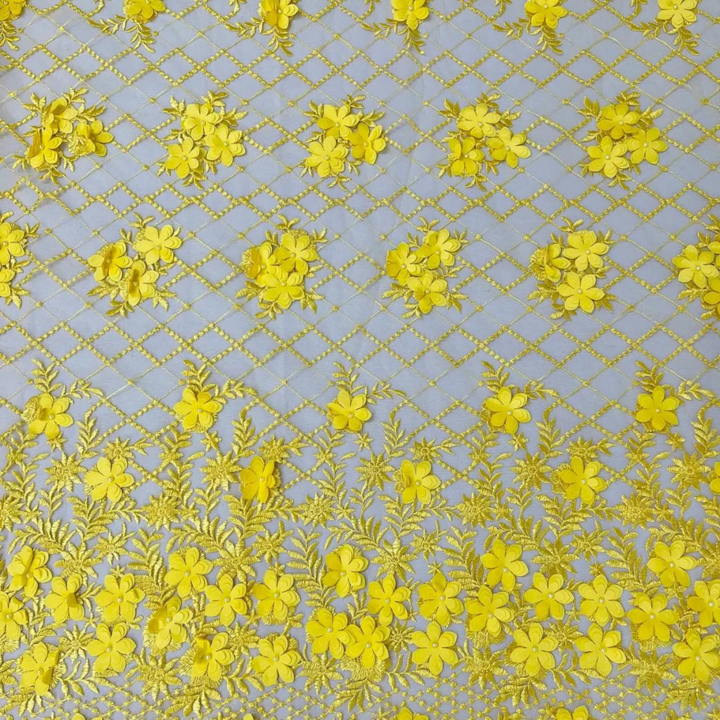 3D Floral Embroidery Lace with Pearls Fabric - YELLOW - Sold By The Yard Fabric