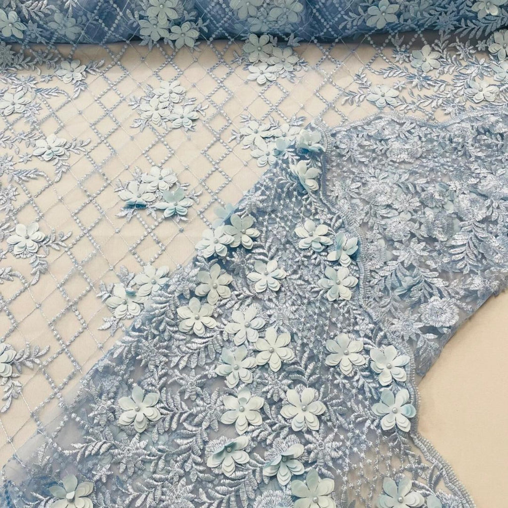 3D Floral Embroidery Lace with Pearls Fabric - LT BLUE - Sold By The Yard Fabric