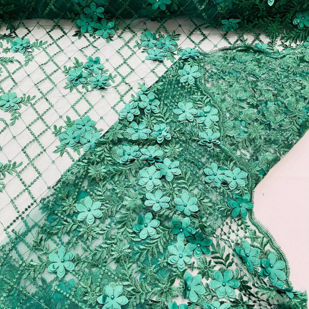 3D Floral Embroidery Lace with Pearls Fabric - HUNTER - Sold By The Yard Fabric