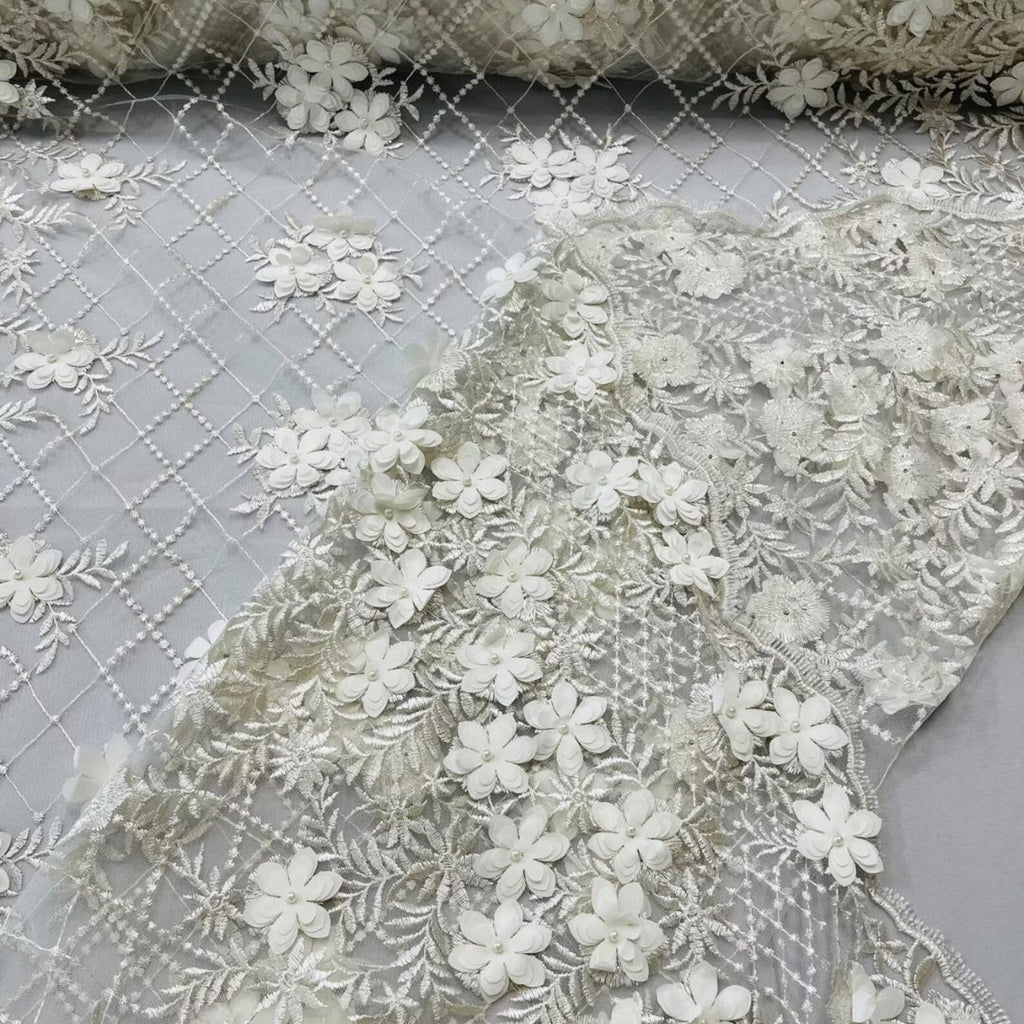 3D Floral Embroidery Lace with Pearls Fabric - IVORY - Sold By The Yard Fabric