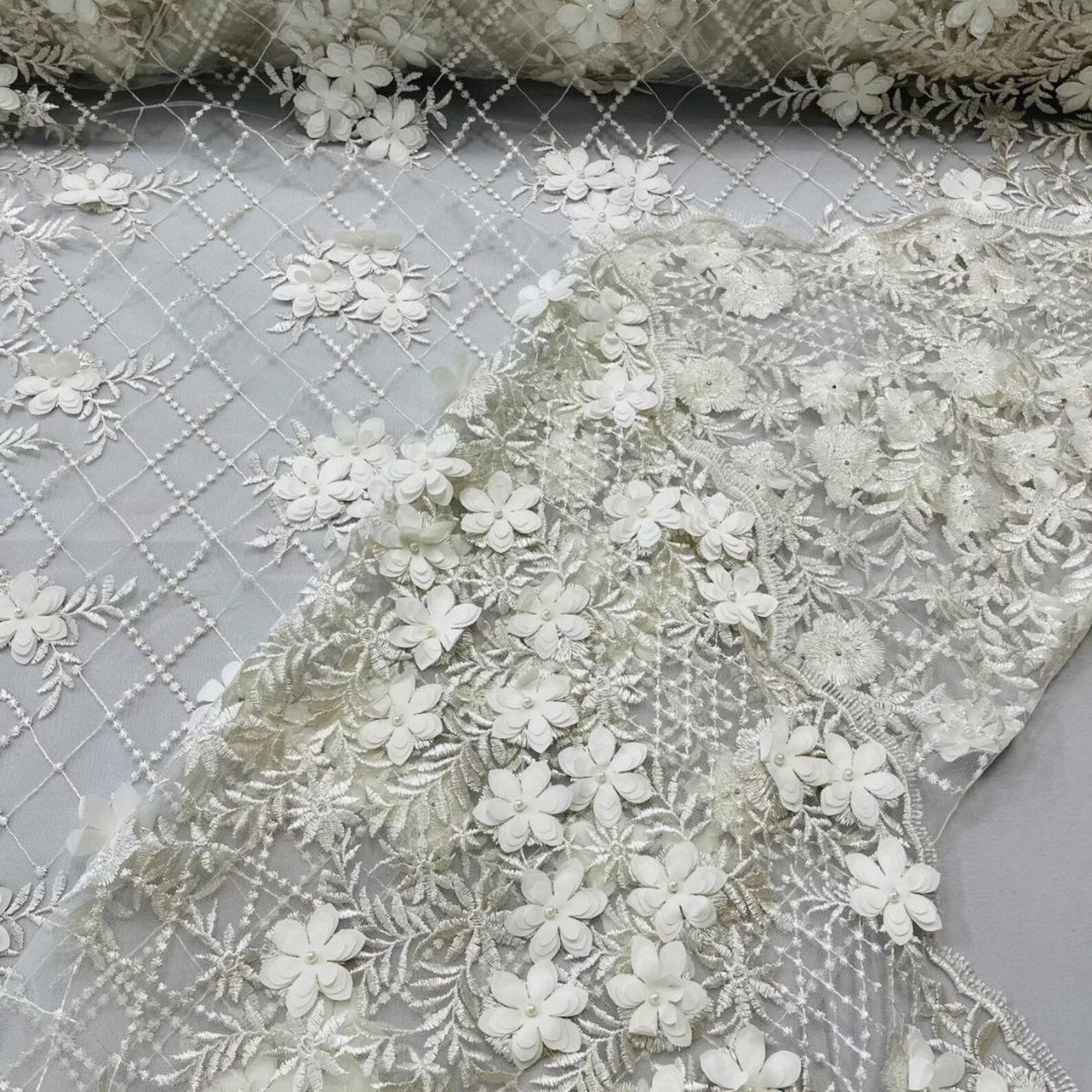 3D Floral Embroidery Lace with Pearls Fabric - IVORY - Sold By The Yard Fabric