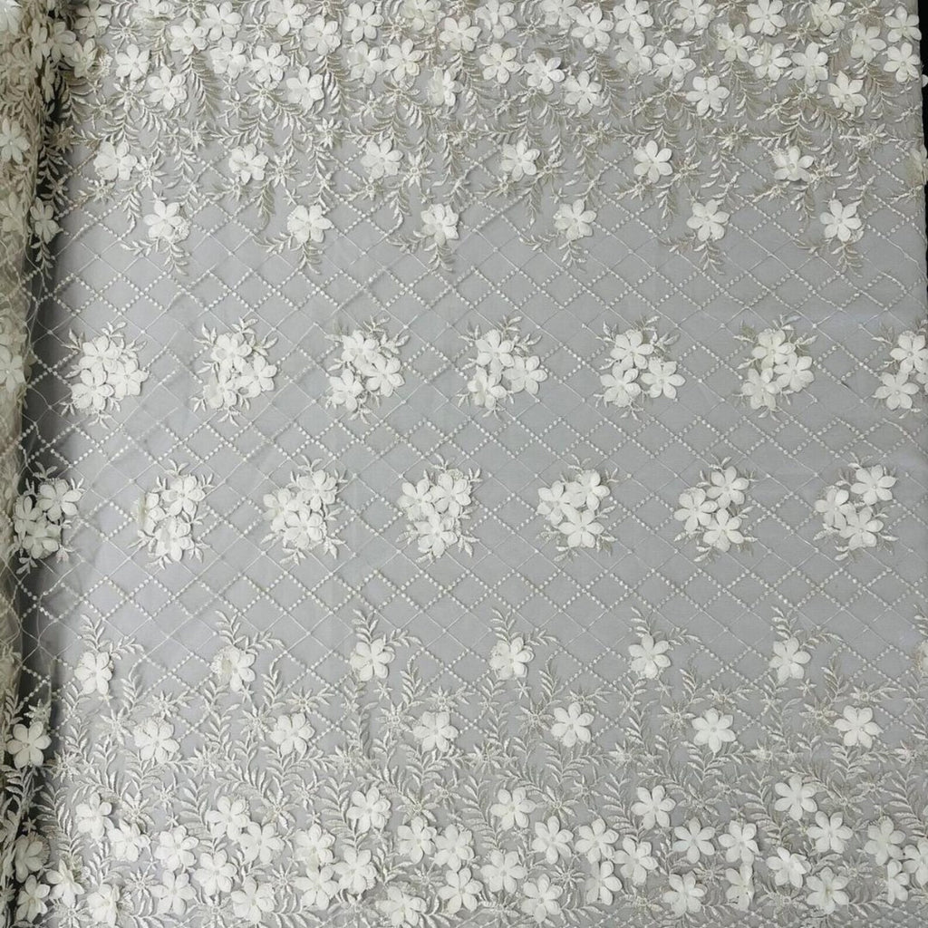 3D Floral Embroidery Lace with Pearls Fabric - IVORY - Sold By The Yard Fabric