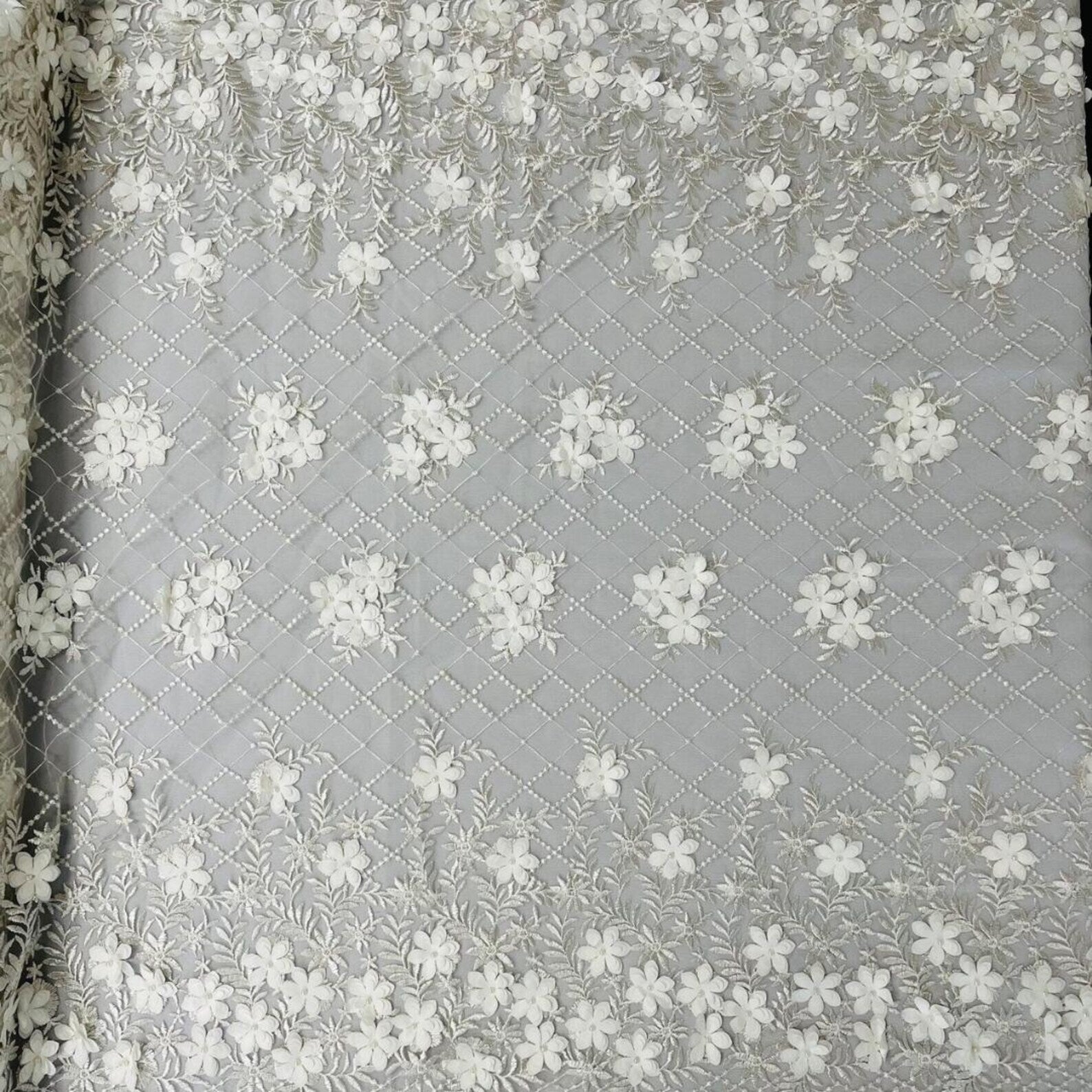 3D Floral Embroidery Lace with Pearls Fabric - IVORY - Sold By The Yard Fabric