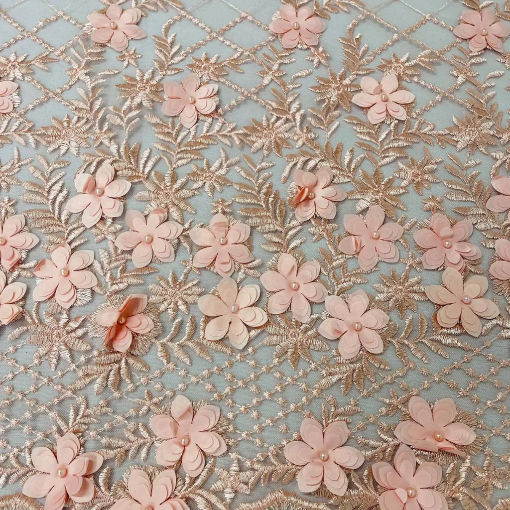 3D Floral Embroidery Lace with Pearls Fabric - BLUSH - Sold By The Yard Fabric