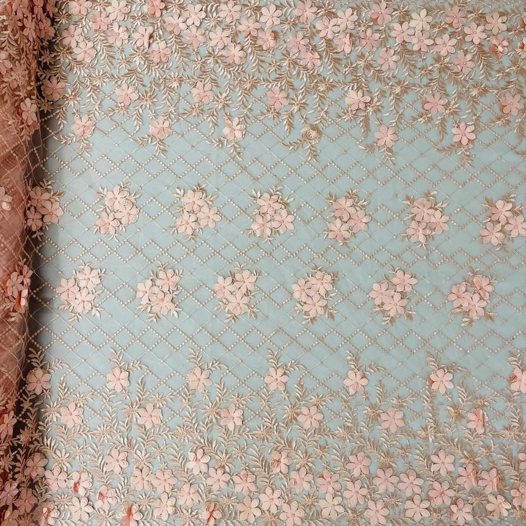 3D Floral Embroidery Lace with Pearls Fabric - BLUSH - Sold By The Yard Fabric
