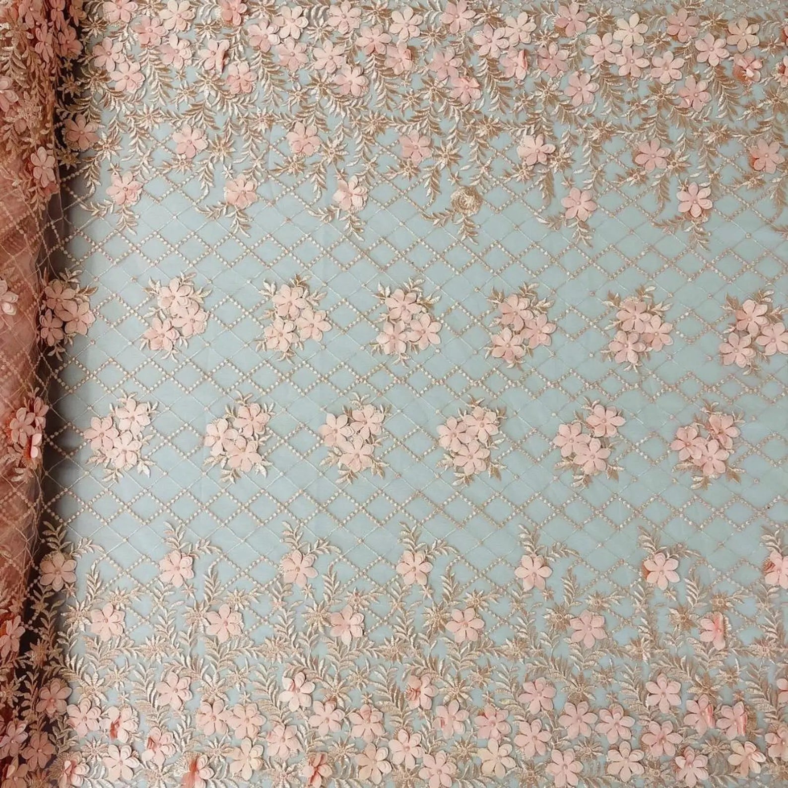 3D Floral Embroidery Lace with Pearls Fabric - BLUSH - Sold By The Yard Fabric