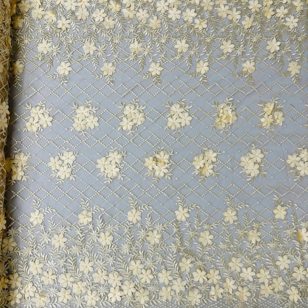 3D Floral Embroidery Lace with Pearls Fabric - CHAMPAGNE - Sold By The Yard Fabric