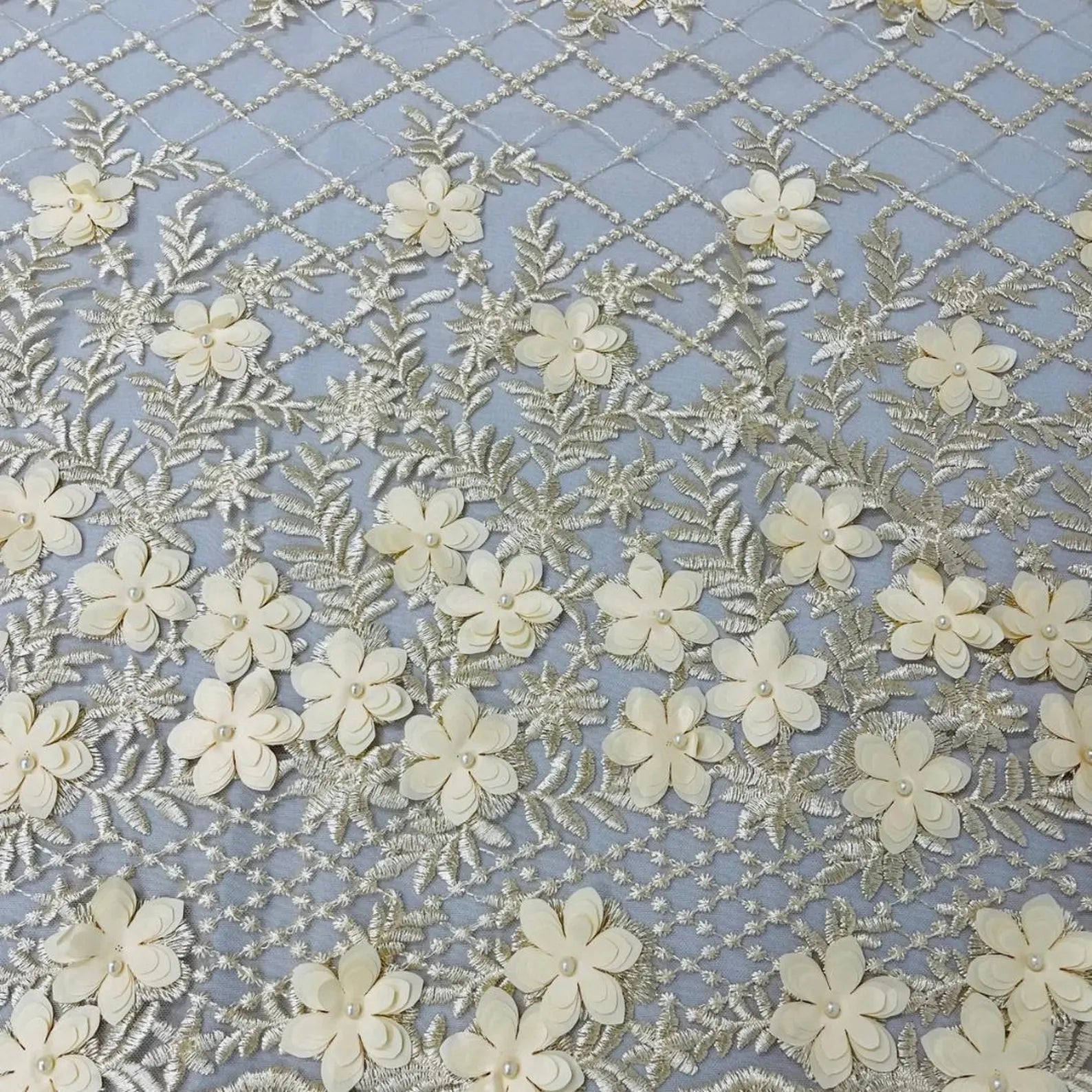 3D Floral Embroidery Lace with Pearls Fabric - CHAMPAGNE - Sold By The Yard Fabric