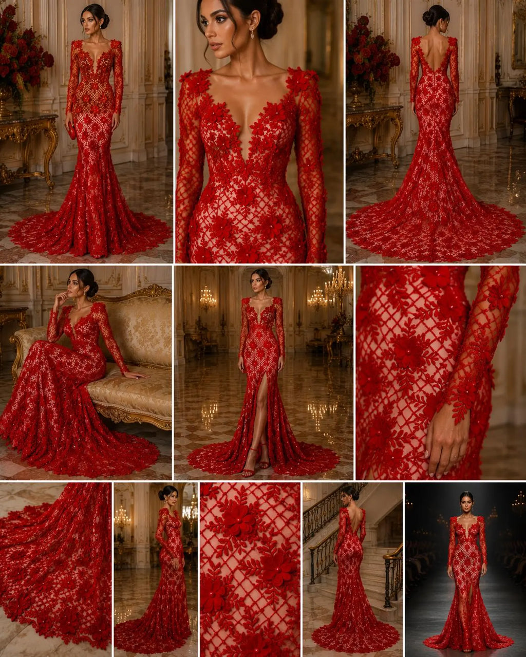 3D Floral Embroidery Lace with Pearls Fabric - RED - Sold By The Yard Fabric