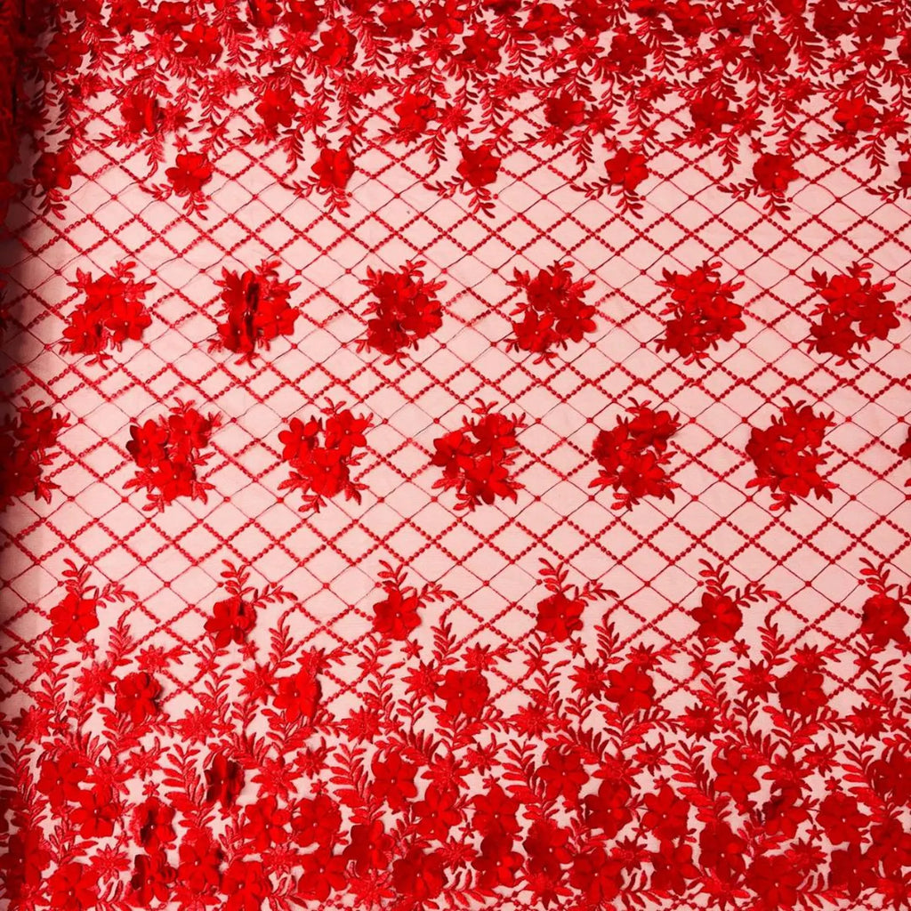 3D Floral Embroidery Lace with Pearls Fabric - RED - Sold By The Yard Fabric