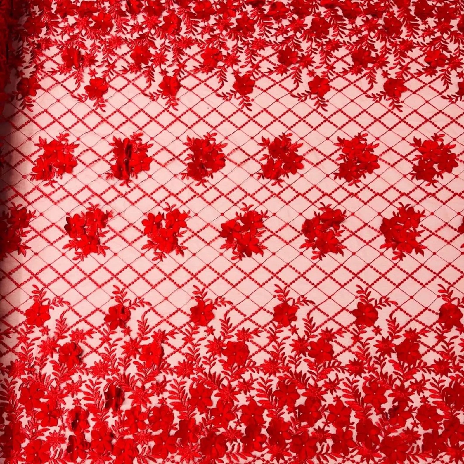 3D Floral Embroidery Lace with Pearls Fabric - RED - Sold By The Yard Fabric
