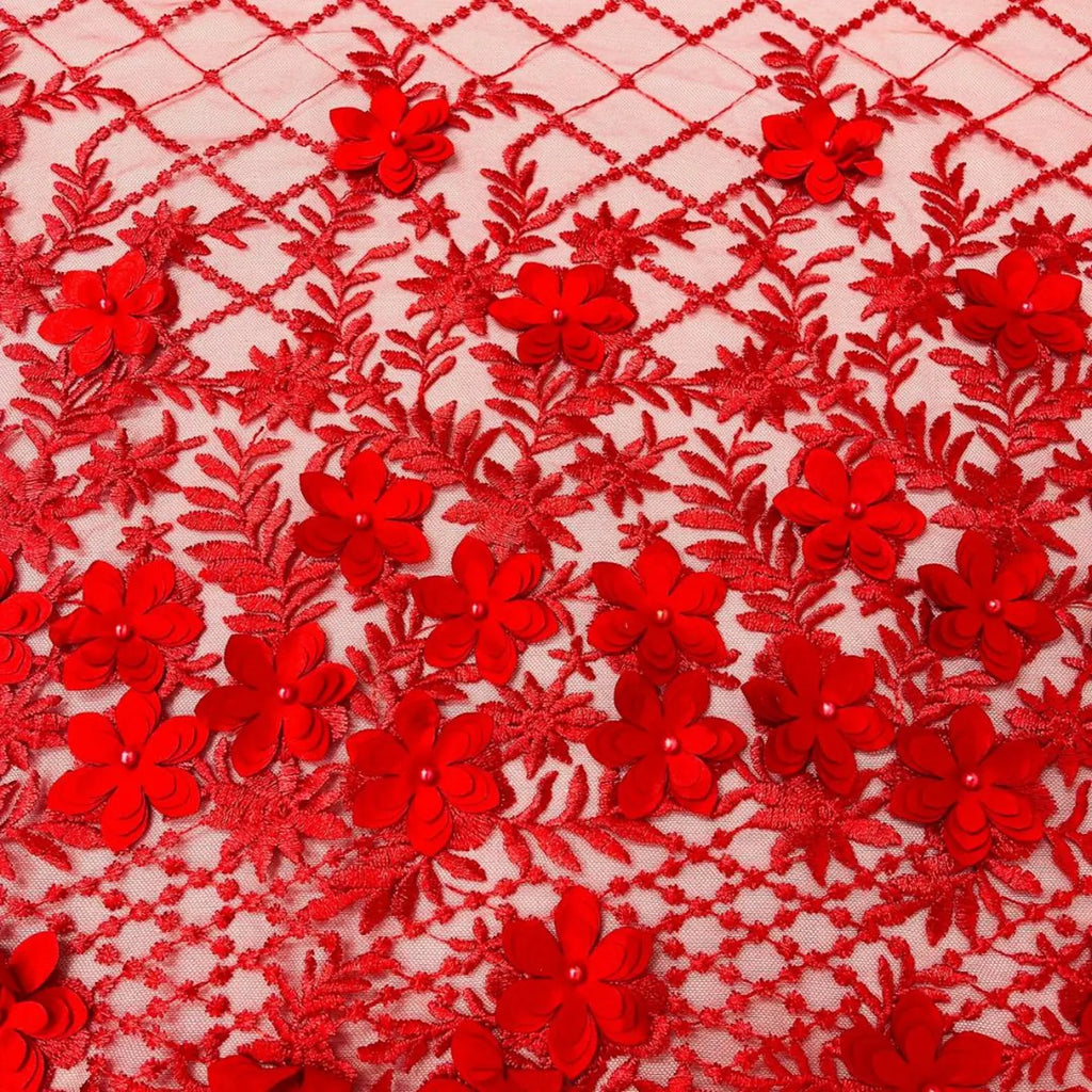 3D Floral Embroidery Lace with Pearls Fabric - RED - Sold By The Yard Fabric