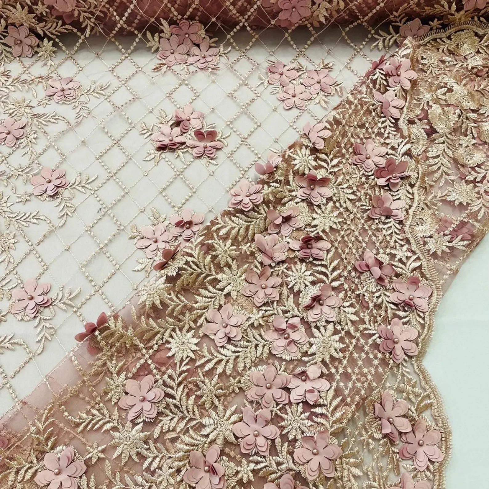 3D Floral Embroidery Lace with Pearls Fabric - DUSTY ROSE - Sold By The Yard Fabric