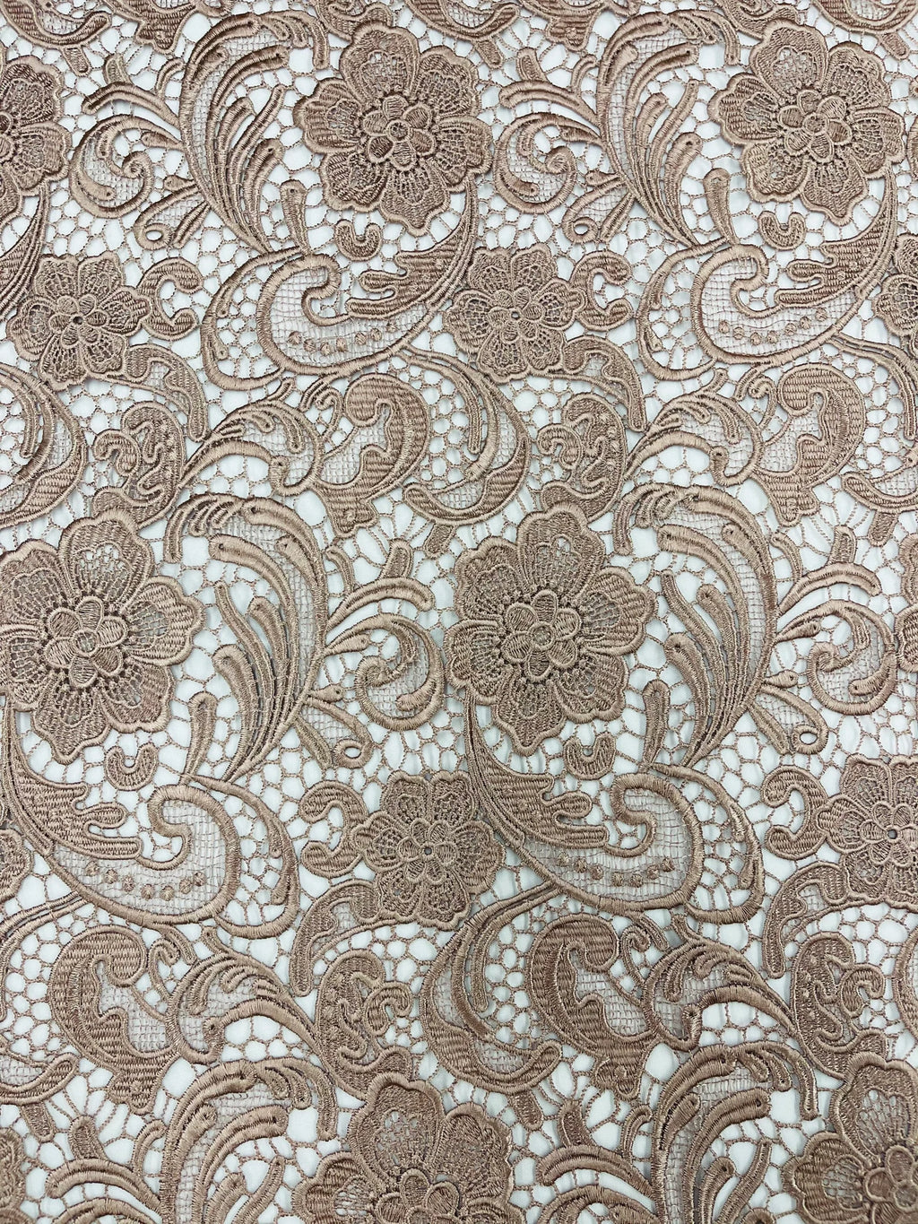 Floral Guipure Lace Fabric - COFFEE - Bridal Wedding Dress Lace a Mesh Fabric for Prom Dress. Sold By The Yard