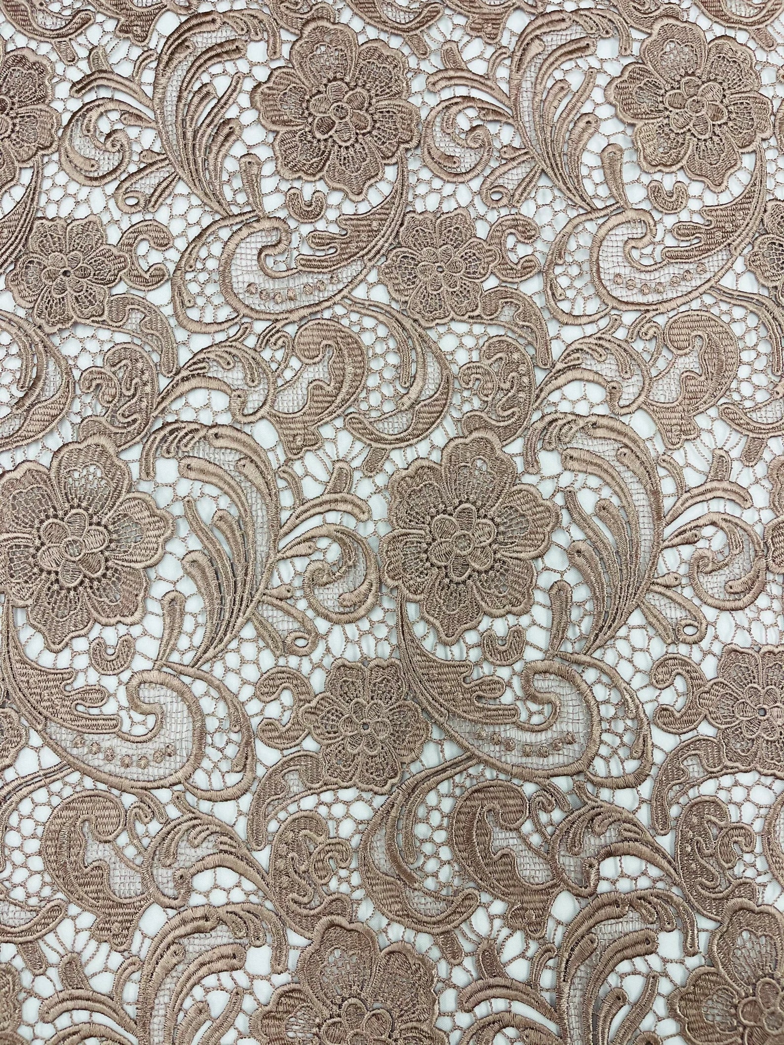 Floral Guipure Lace Fabric - COFFEE - Bridal Wedding Dress Lace a Mesh Fabric for Prom Dress. Sold By The Yard