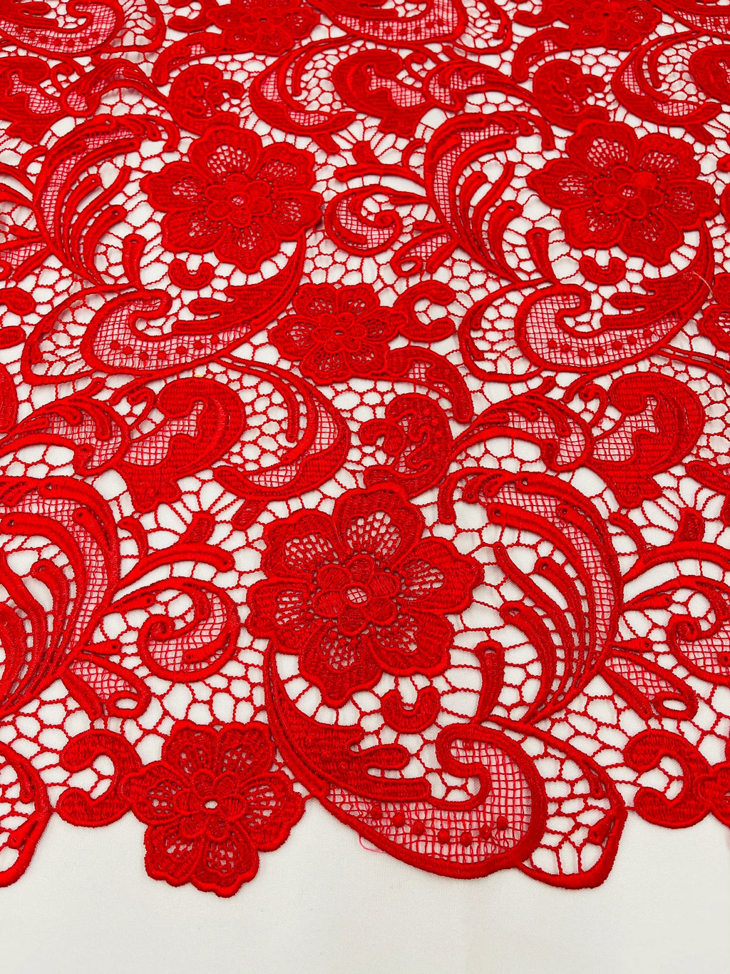 Floral Guipure Lace Fabric - RED - Bridal Wedding Dress Lace a Mesh Fabric for Prom Dress. Sold By The Yard