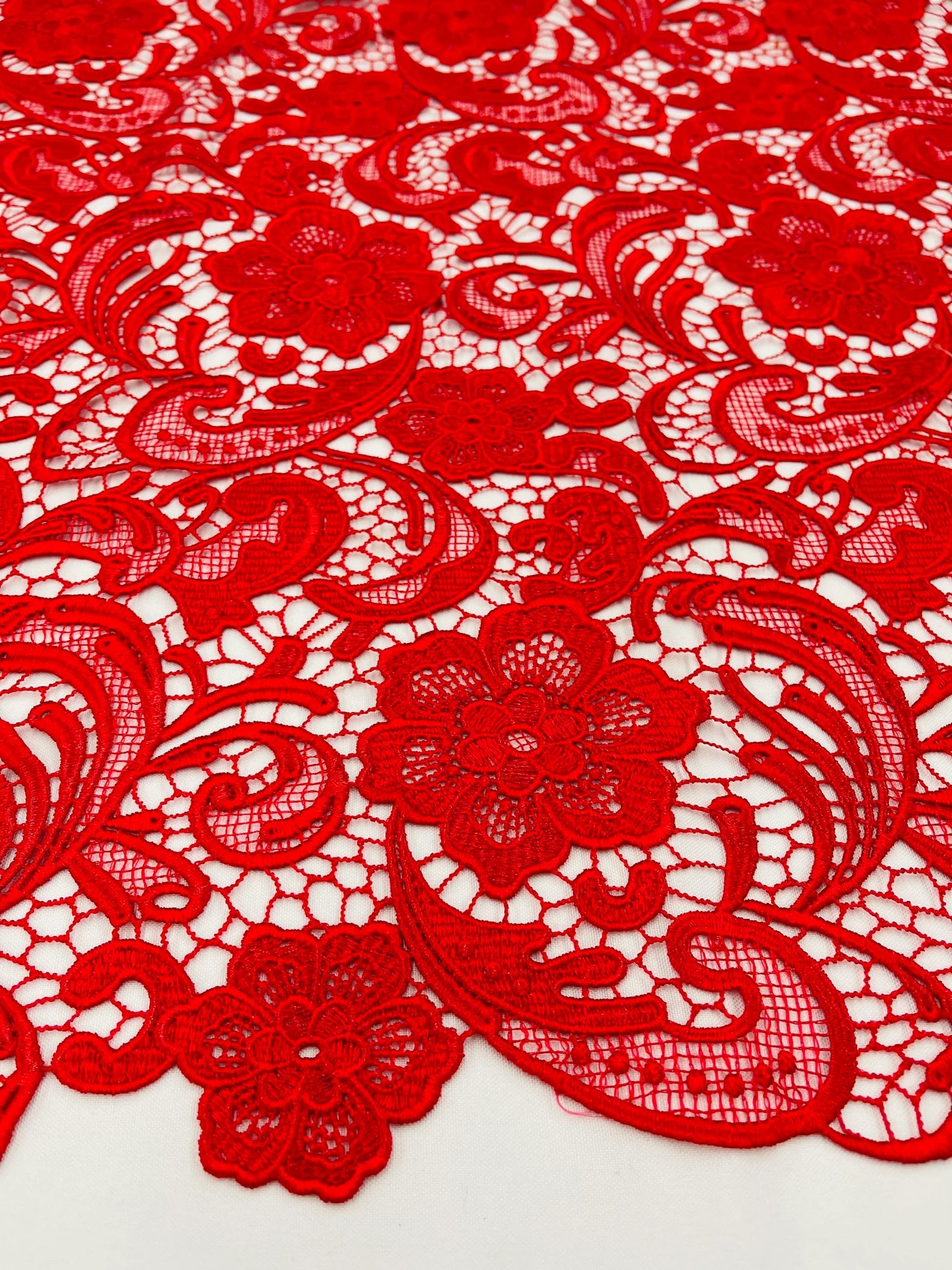 Floral Guipure Lace Fabric - RED - Bridal Wedding Dress Lace a Mesh Fabric for Prom Dress. Sold By The Yard