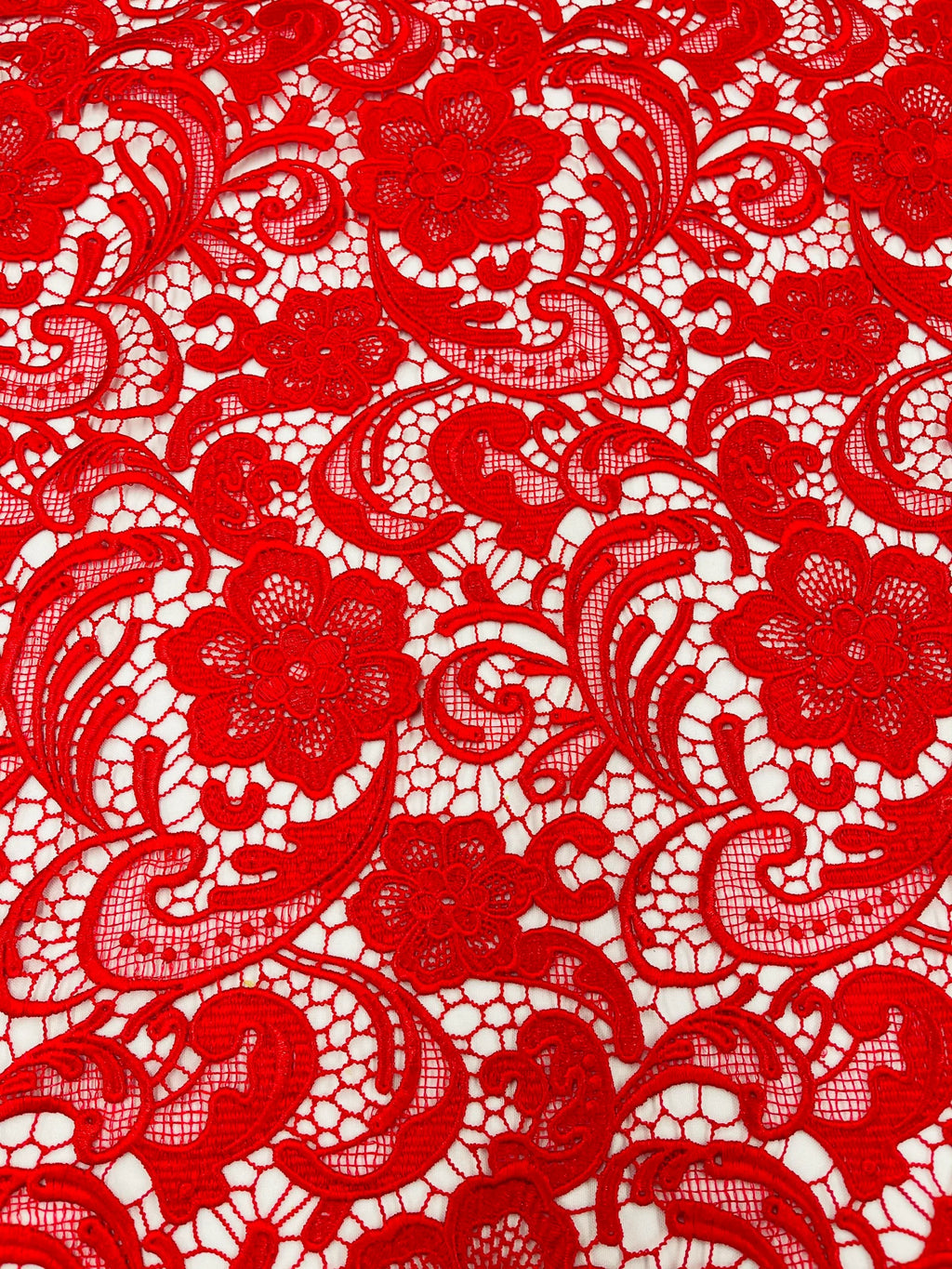Floral Guipure Lace Fabric - RED - Bridal Wedding Dress Lace a Mesh Fabric for Prom Dress. Sold By The Yard
