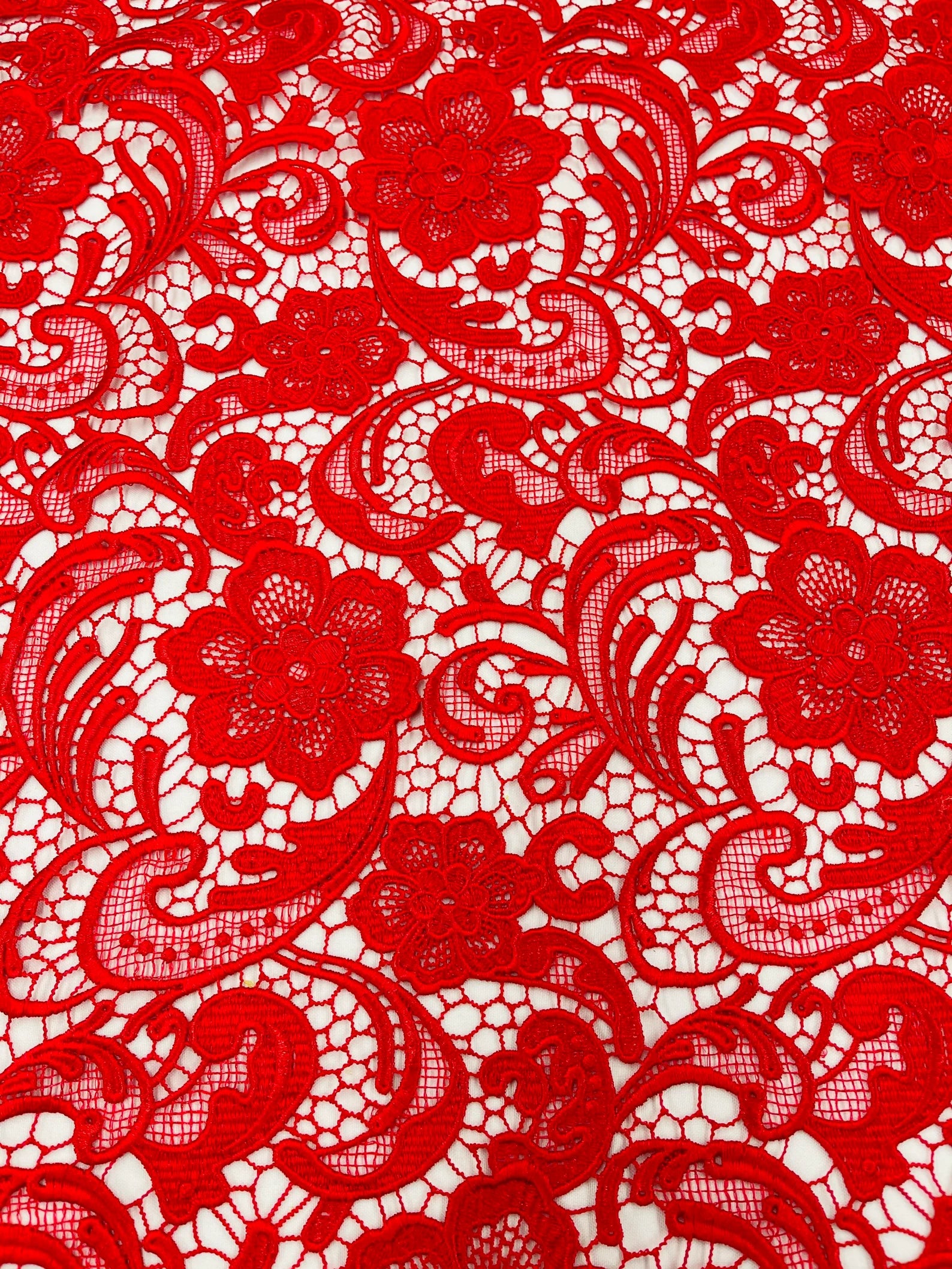 Floral Guipure Lace Fabric - RED - Bridal Wedding Dress Lace a Mesh Fabric for Prom Dress. Sold By The Yard