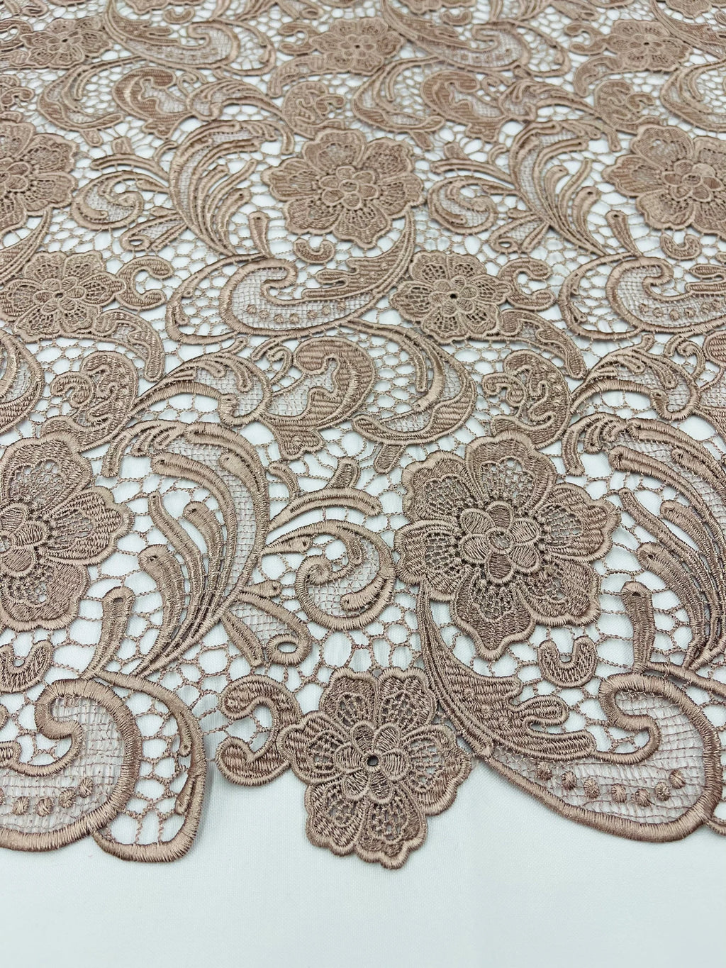Floral Guipure Lace Fabric - COFFEE - Bridal Wedding Dress Lace a Mesh Fabric for Prom Dress. Sold By The Yard