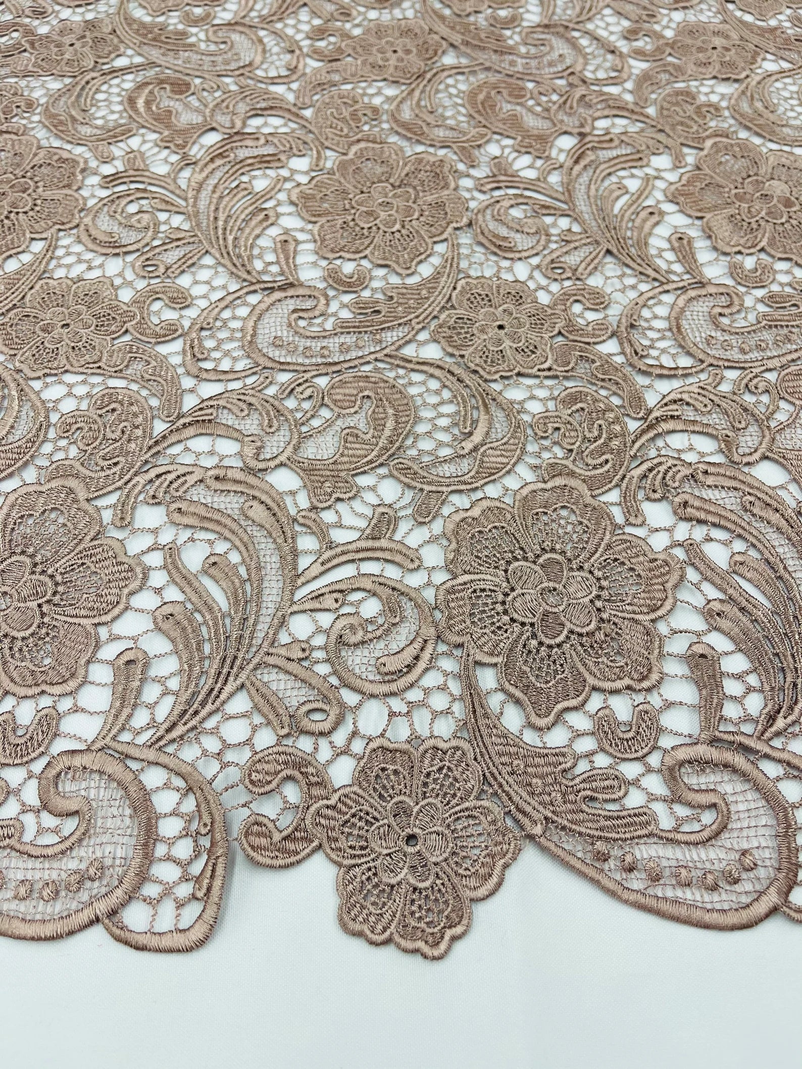 Floral Guipure Lace Fabric - COFFEE - Bridal Wedding Dress Lace a Mesh Fabric for Prom Dress. Sold By The Yard