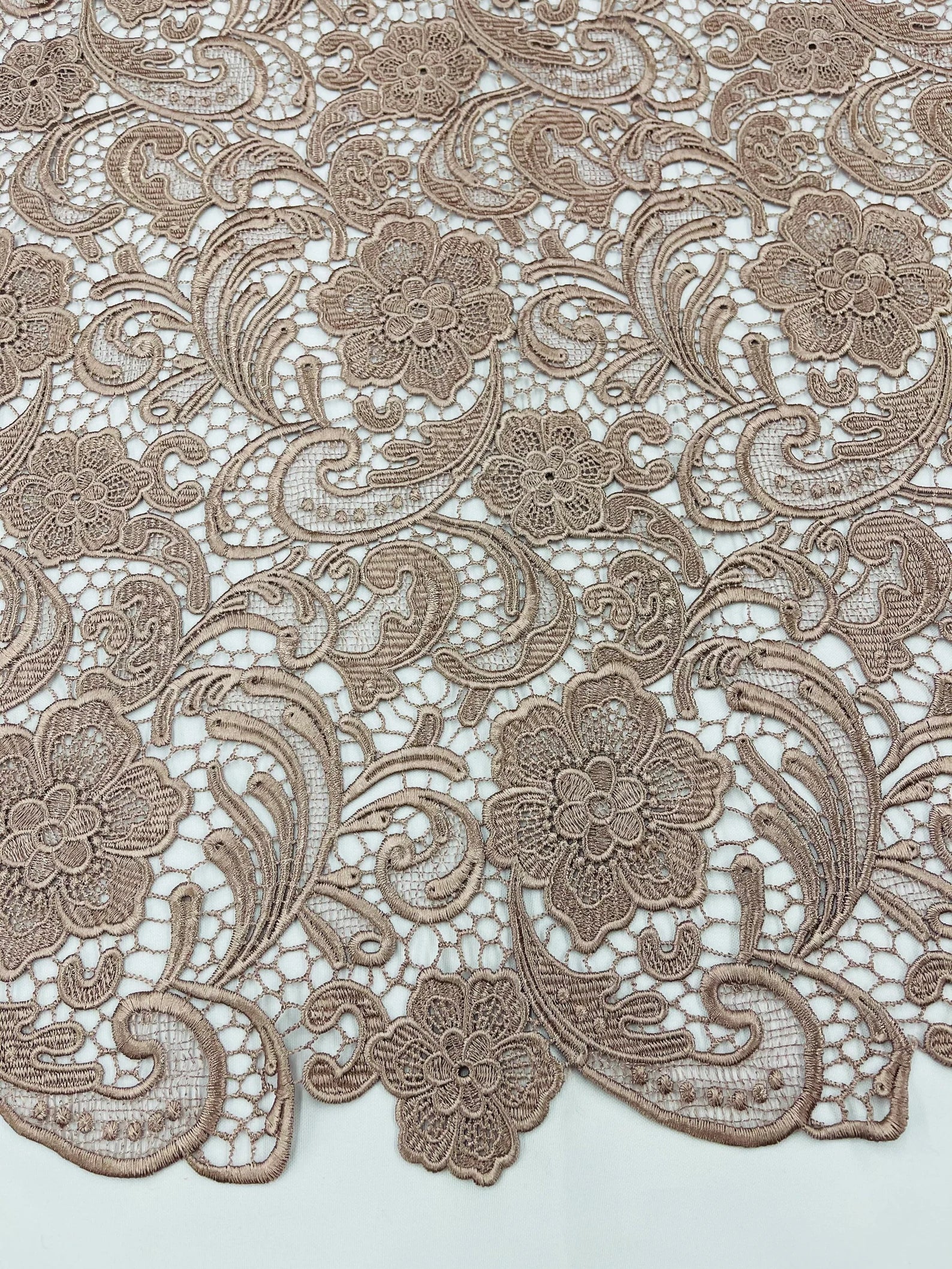 Floral Guipure Lace Fabric - COFFEE - Bridal Wedding Dress Lace a Mesh Fabric for Prom Dress. Sold By The Yard
